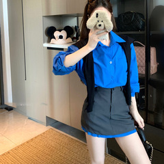 蓝色衬衫慵懒松弛感上衣女今年早秋新款宽松高级感秋季穿搭一整套