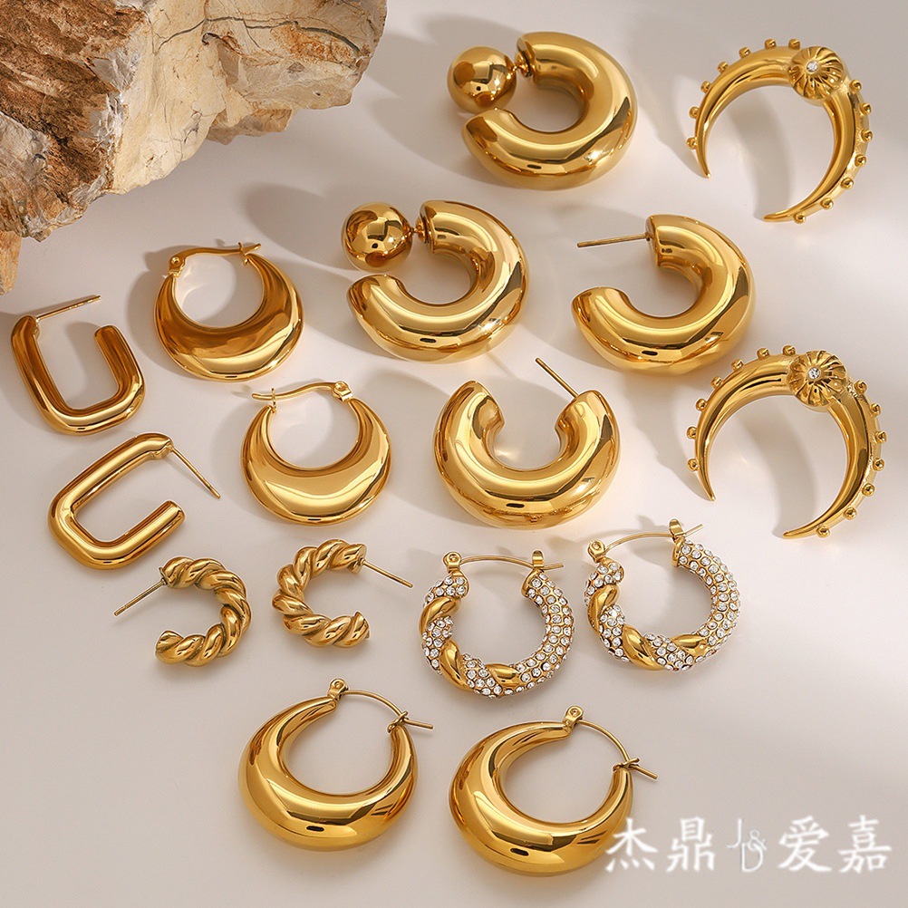 Jeiding Europa y América acero inoxidable doble c aretes de alta calidad en circonio aretes de titanio acero joyería de oreja transfronteriza