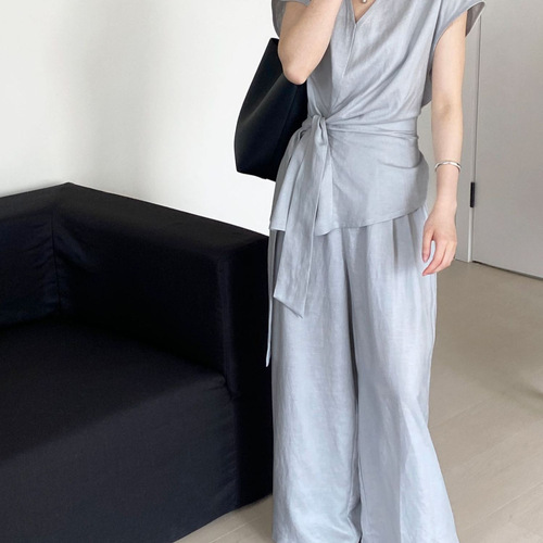 Luxurious, high-end, thousand-piece set Korean-style new tie-front sleeveless shirt wide-leg pants two-piece set old money style full set