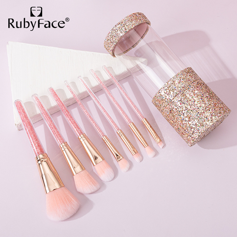 RUBYFACE - Conjunto de 7 Pincéis com Cabo de Strass, Corpo com Glitter - Ferramentas de Maquiagem Profissionais para Uso Internacional_voghion.com