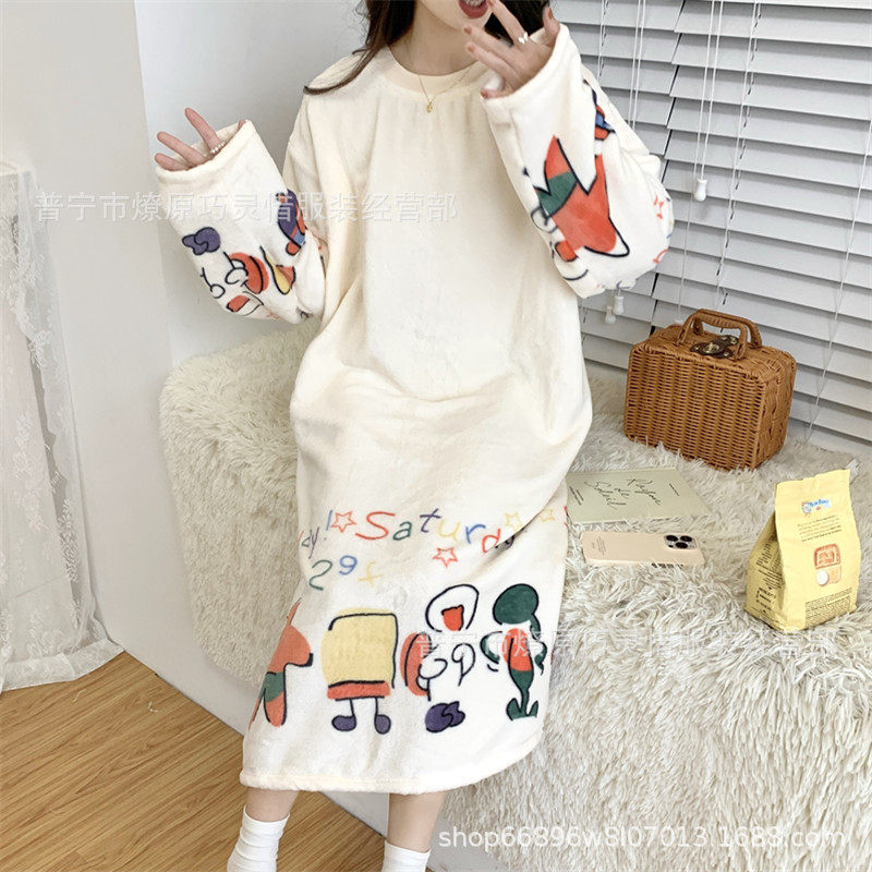 Pijamas de mujeres otoño invierno de franela lindo dibujo animado 2024 nuevo coral de lana gruesa falda cálida ropa para el hogar