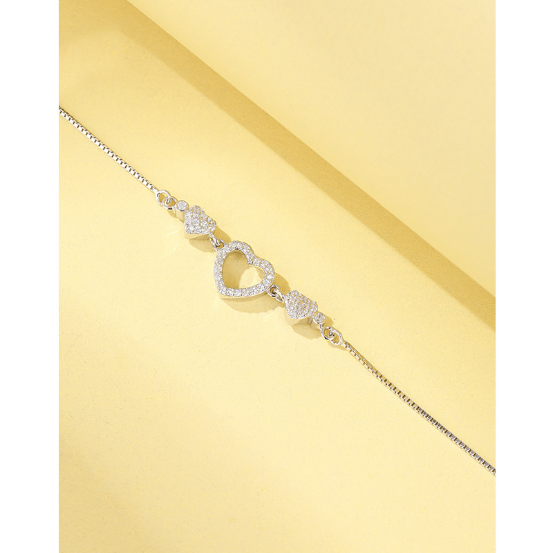 S925 plata esterlina en forma de corazón hueco pulsera femenina estilo coreano moda simple circón micro-incrustaciones pulsera estudiante novias joyería de la mano