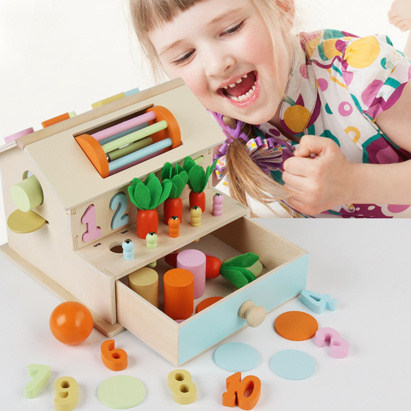 Amazon Baby Montessori Intelligence House Atrapa insectos y tira de zanahorias Junta de agarre de mano de pesca Educación temprana para niños Juguetes educativos de madera