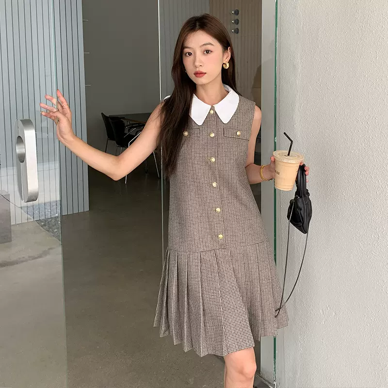 鸿衫2024年秋季法式小众英伦风格纹翻领无袖羊毛混纺减龄连衣裙女