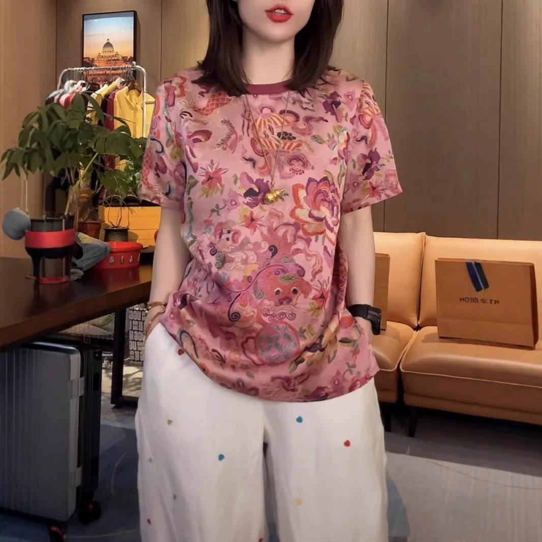 Новая футболка с короткими рукавами, летняя женская мода с принтом, свободный топ большого размера для мамы, закрывающий тело, с круглым вырезом, утягивающий топ