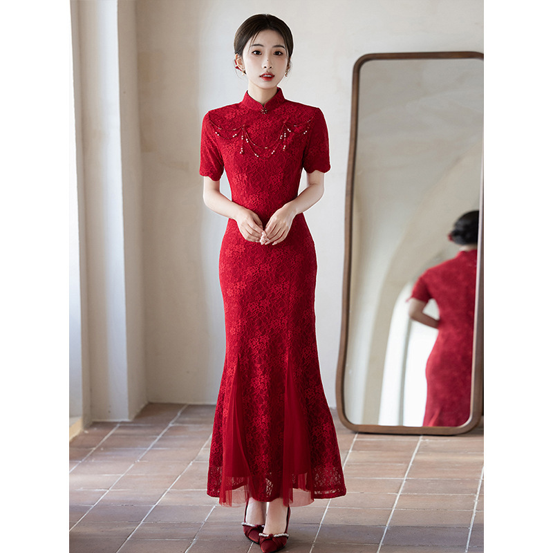 Red Lace Cheongsam Toast Dress Bride 2025 New Wedding Engagement Dress Women's Improved New Chinese Fishtail Dress