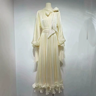 气质名媛风礼服长裙女2026春季新款流光纱蝴蝶结领荷叶边连衣裙