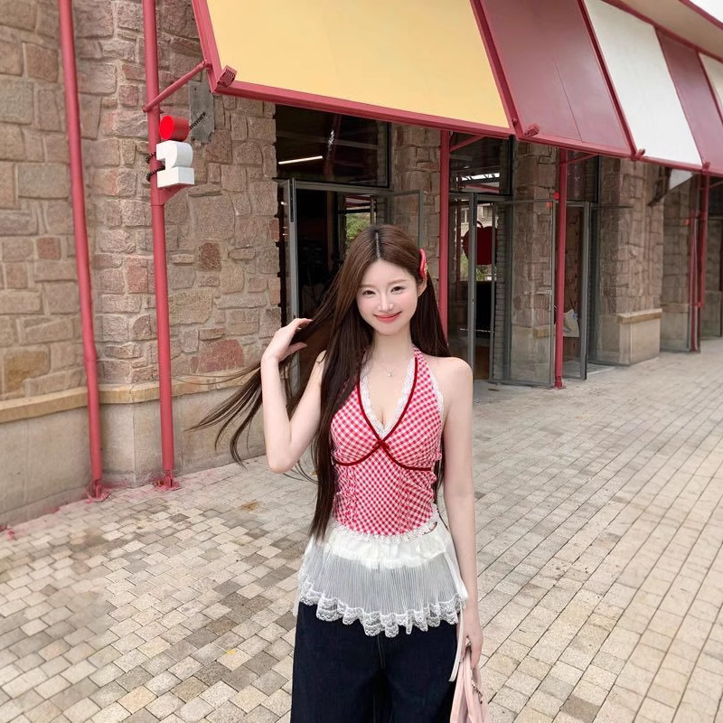 853 # Summer New Niche Plaid Vest Suspender Women's Spliced Lace Inner Sexy Halterneck Hot Girl Top Trendy