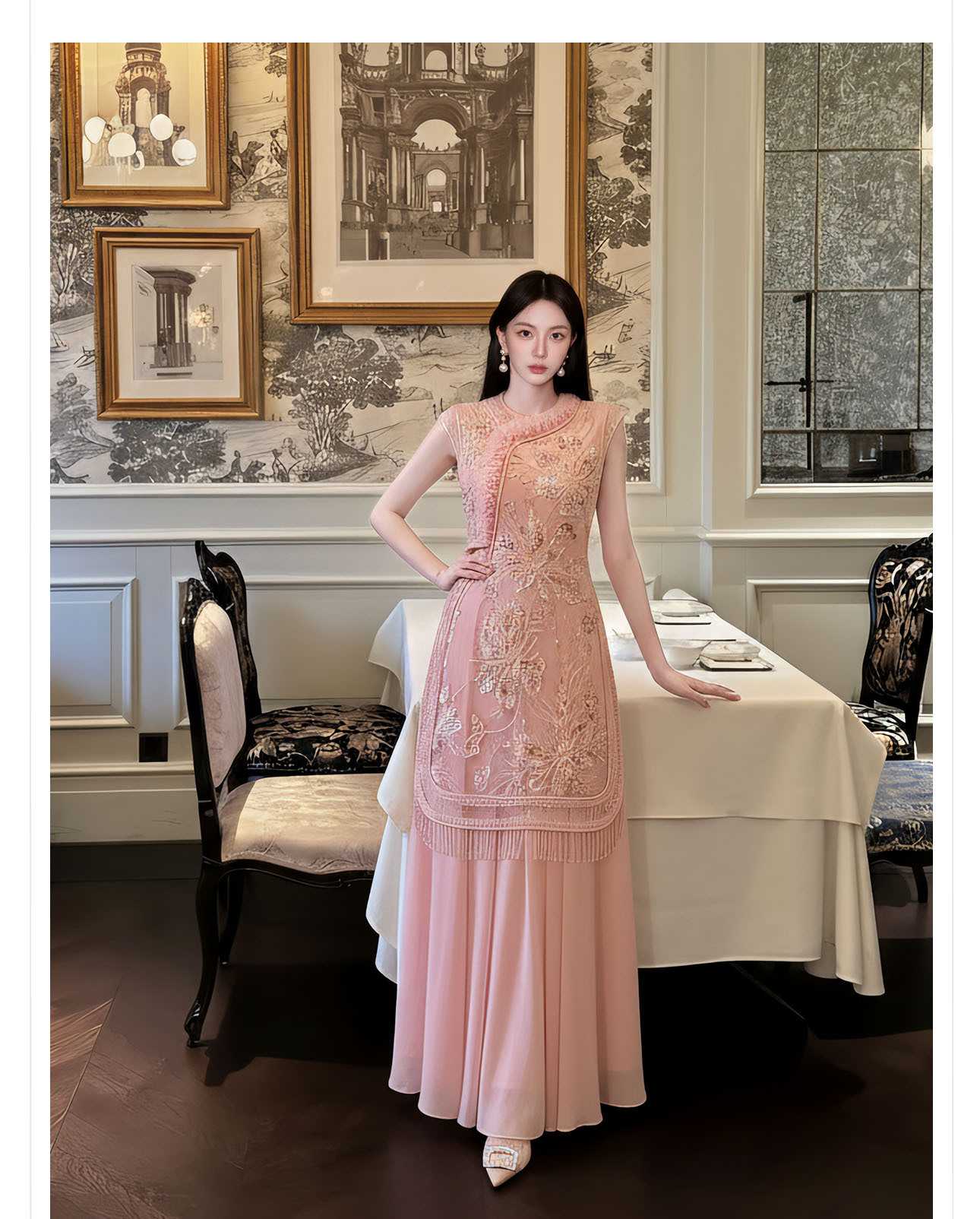 Đầm maxi nữ thắt eo thiết kế hoa nổi thêu ren cao cấp — màu hồng chi tiết 7