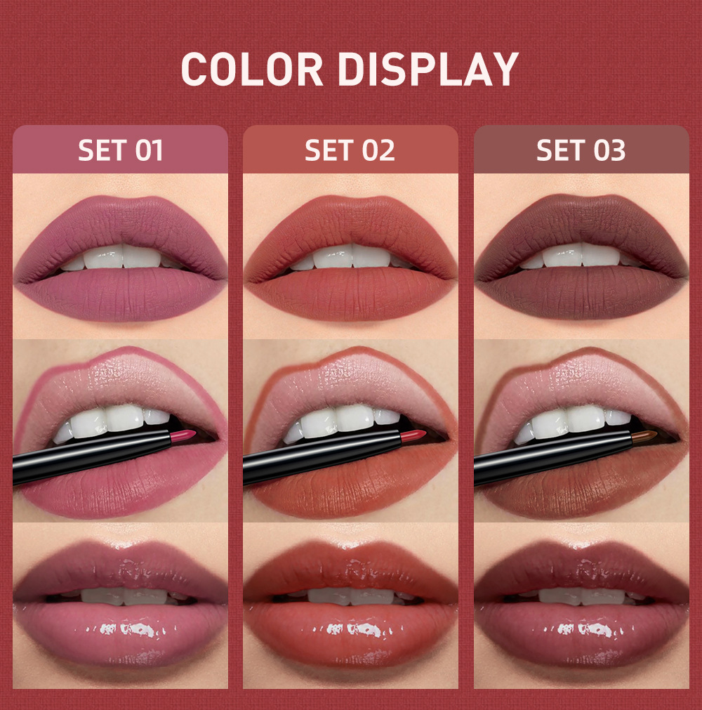 QIBEST Cross Border non-stick cup non-fading lip glaze matte mist moisturizing lip line set 3-in-1 Makeup undefined