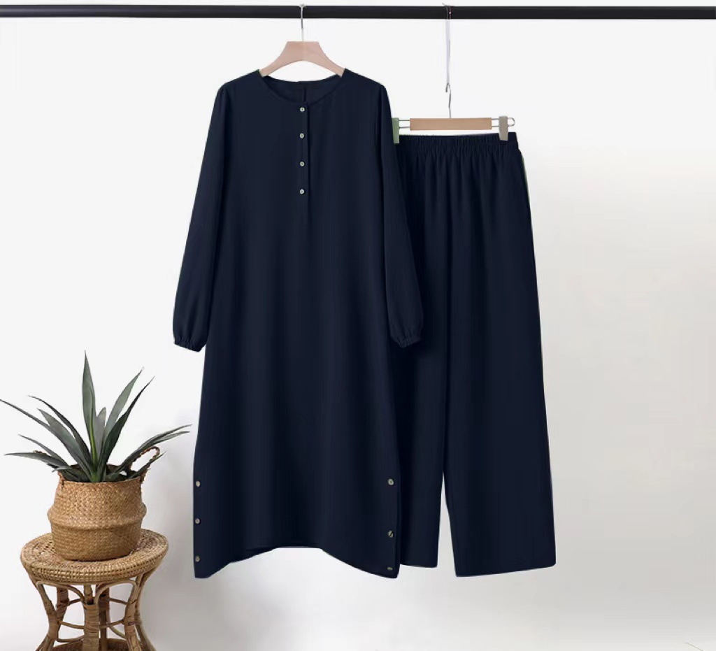 Abbigliamento donna 2024 nuova camicia a maniche a sbuffo con colletto rotondo da donna musulmana, cucitura laterale, bottone decorativo in legno, abito casual alla moda_voghion.com