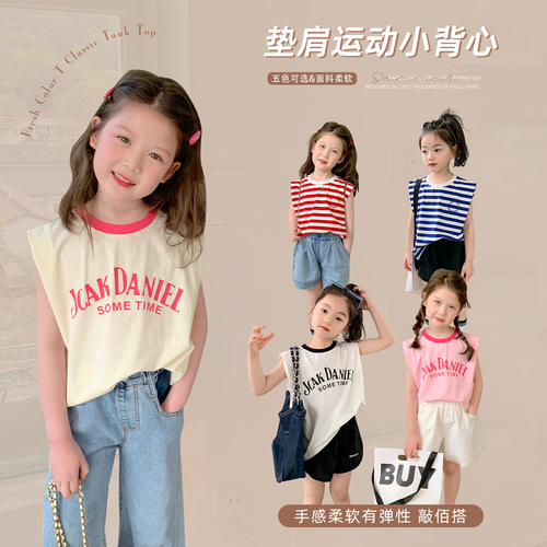 2023 Summer New Girls Sleeveless T-Shirt Baby Girl Vest Letter Printed Striped T-shirt Sleeveless One Piece Dropshipping