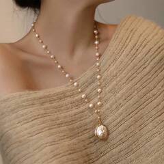 天然バロックパールネックレスレディース手織りロングセーターチェーンライトラグジュアリー人気ニッチロングアクセサリー