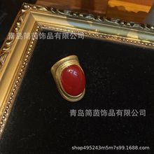 西洋中古铜镀18做旧复古金色镶嵌椭圆形红玛瑙为主石欧式复古感十