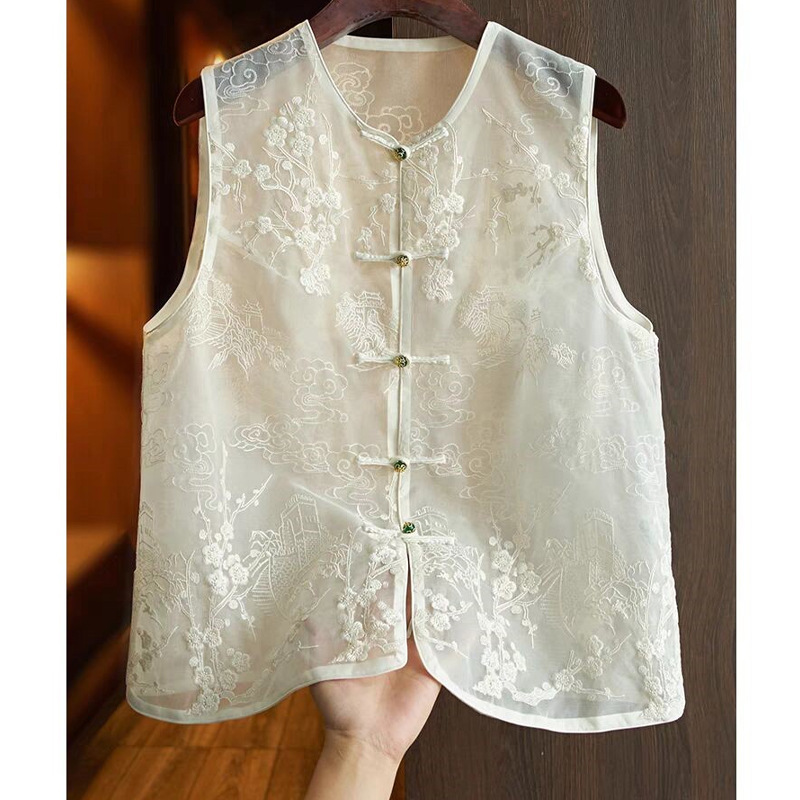 High-End Organza New Chinese Style Vest for Women Summer Thin Retro Chinese Style Embroidered Vest Top