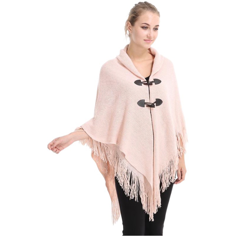 Autumn and Winter New Shawl Cloak Tassel Horn Button Pure Color Asymmetrical Double Layer Tassel Cloak Shawl Warm and Thickeneded