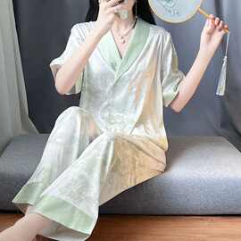 直播爆版冰雪丝 睡衣女开衫短袖长裤女士高档家居服套装