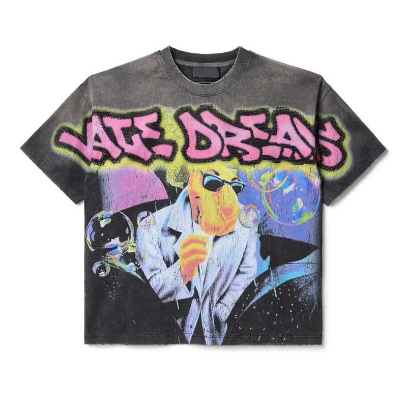 Verano estilo americano retro impresión oscura lavado con agua hace viejos bloques sueltos oversize hip hop skate camiseta de manga corta
