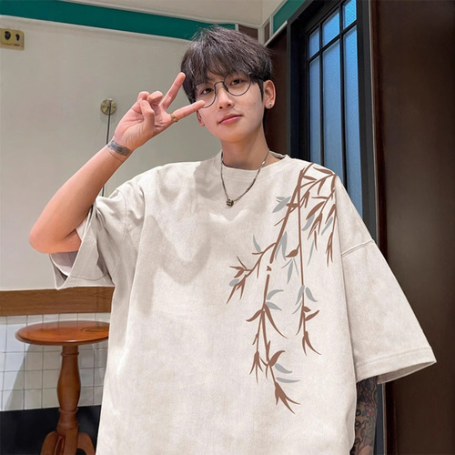 Trendy Print T-Shirt for Men - 2025 New Release, Loose Oversize Design, Unique Subculture National Trend, Suede Texture, Heavyweight Short Sleeve