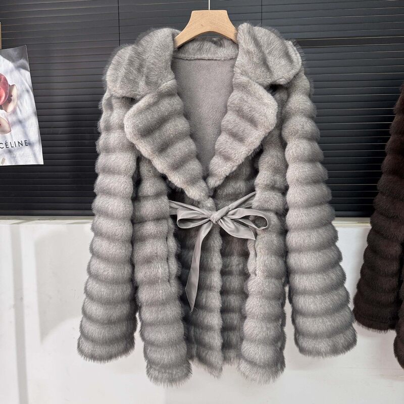 Cross-border lapel warm faux mink fur women's mid-length faux fur coat, winter plush fur jacket Cross-border lapel warm faux mink fur women's mid-length faux fur coat, winter plush fur jacket
