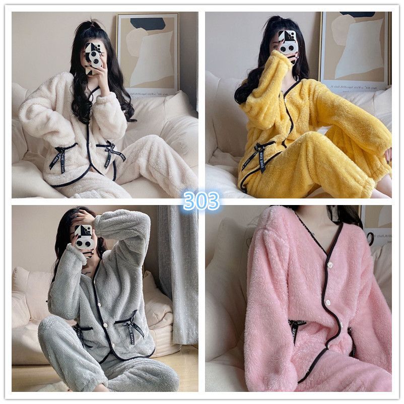 Coral vello de invierno coreano lindo dulce estudiante grueso calentamiento conjunto de ropa para el hogar de franela pijamas de alta calidad