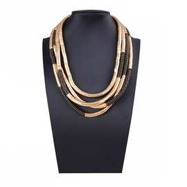 ZA跨境个性复古潮流创意设计感多层叠戴金属串珠黑木圆片高级项链