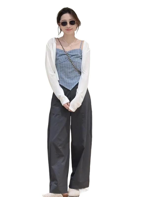 大码胖mm韩系减龄格子吊带套装女夏季新款防晒开衫背心上衣两件套|undefined