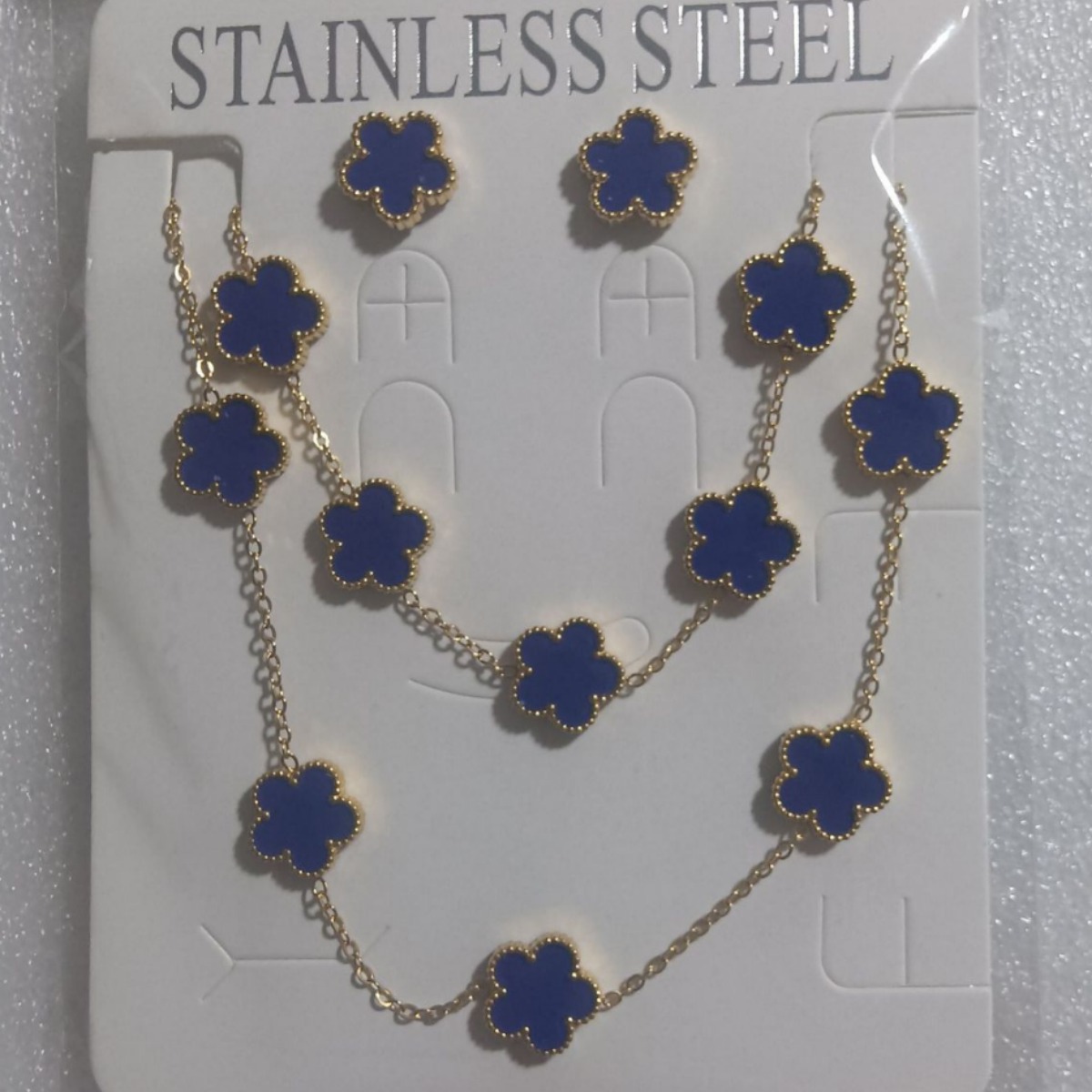Trébol de cinco hojas de la suerte nuevo estilo transfronterizo pulsera de acero de titanio de doble cara, collar, aretes, moda de nicho de 18K, no se desvanece
