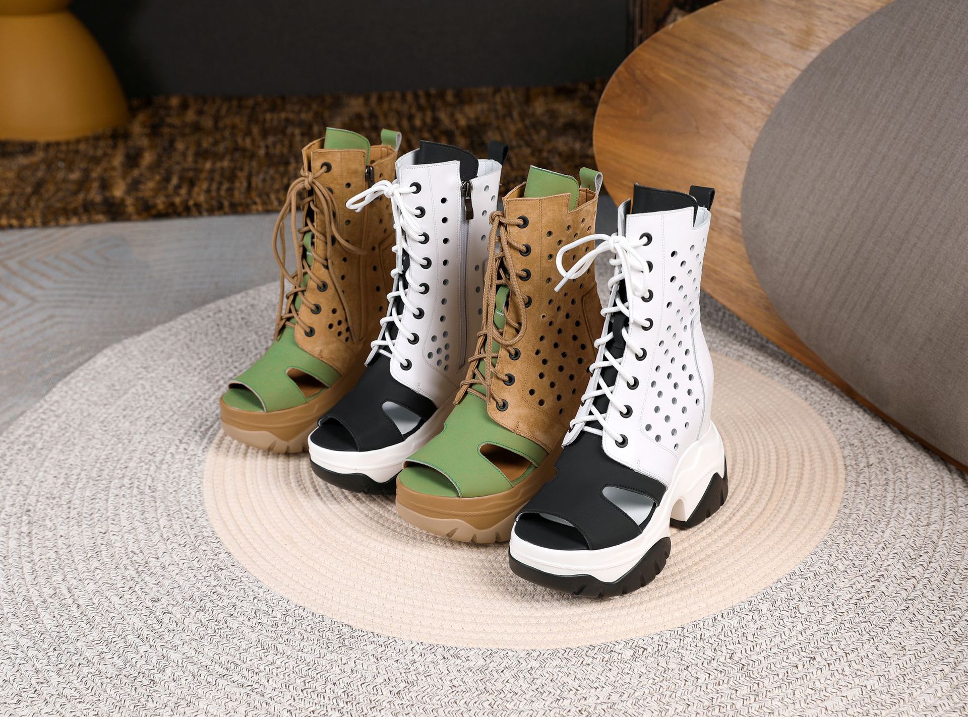 Boot nữ cổ thấp miệng cá, đế rỗng cao 12 cm, phong cách cổ điển — Màu xanh lục Nâu chi tiết 11
