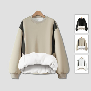 Free Shipping W02 Huamian Composite Austrian Velvet 400g Autumn and Winter Fleece-Lined Men's Round Neck Splicing Sweatshirt Trendy Brand 2025