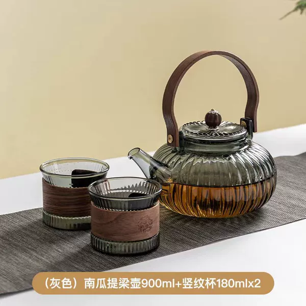 Smoke gray pumpkin pot + 2 vertical grain wooden cups