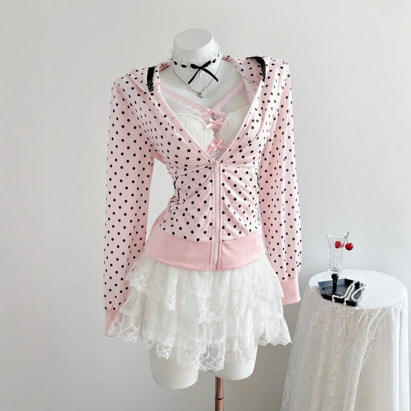 Y2K style women's clothing, Korean style, autumn and winter versatile new sweet and spicy vintage polka dot ins hooded short cardigan jacket Y2K style women's clothing, Korean style, autumn and winter versatile new sweet and spicy vintage polka dot ins hooded short cardigan jacket