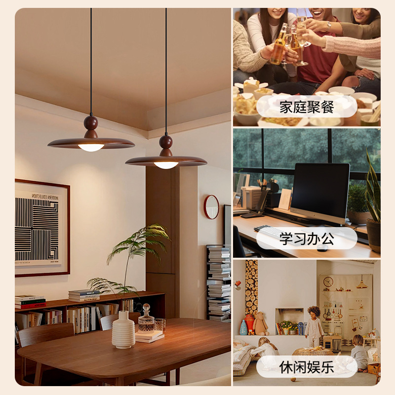 Lámpara colgante de estilo vintage para restaurante con tres cabezas de madera de nogal, lámpara colgante de barra de madera maciza retro UFO de diseño creativo 668L.