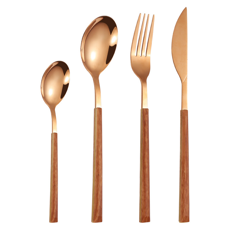 Al por mayor creativo japonés occidental vajilla caja de regalo traje Hotel Acero inoxidable madera grano cuadrado mango cuchillo tenedor postre cuchara