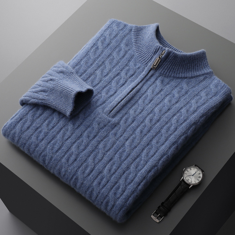 Autumn and Winter woolen sweater men's half turtleneck zipper double-strand thickened shirt twisted long sleeve pullover sweater sweater