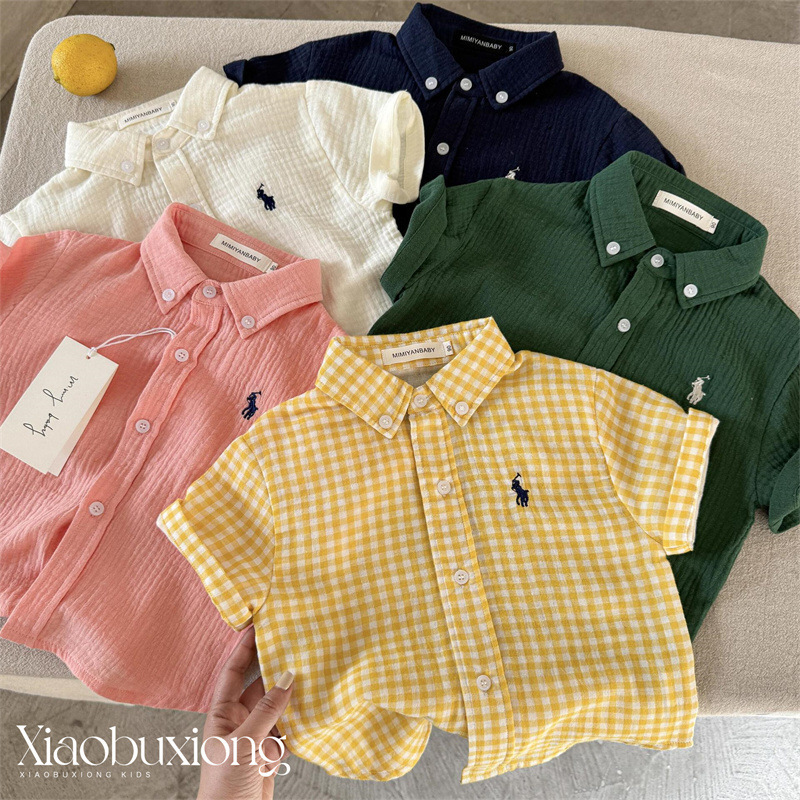 Children's Short-Sleeve Shirt 2026 Summer Japanese Style Trendy Brand Plaid Shirt for Boys and Girls Baby Toddler Stylish Top