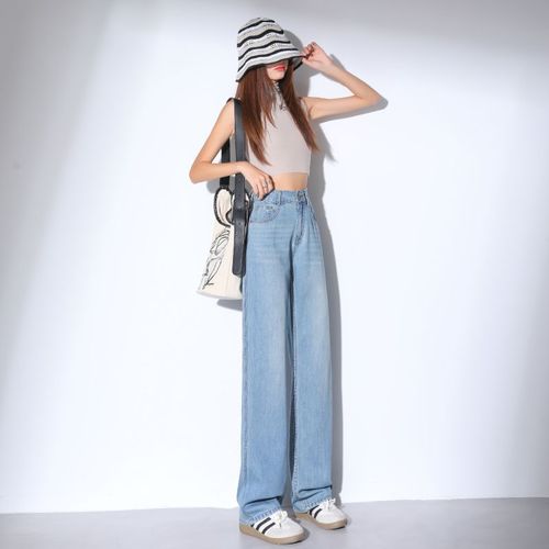 Summer thin Lyocell Tencel denim wide-leg jeans for women, high-waisted loose ice silk drape straight-leg floor-length pants