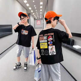 韩版夏季纯棉男童儿童上衣+裤子100%宽松后包领中大童百搭童套装