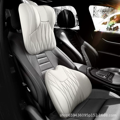 Support Cushion, Headrest - off-white-headrest-lumbar-support-set-genuine-leather-c-style-quilted-upgrade-3d-full-support