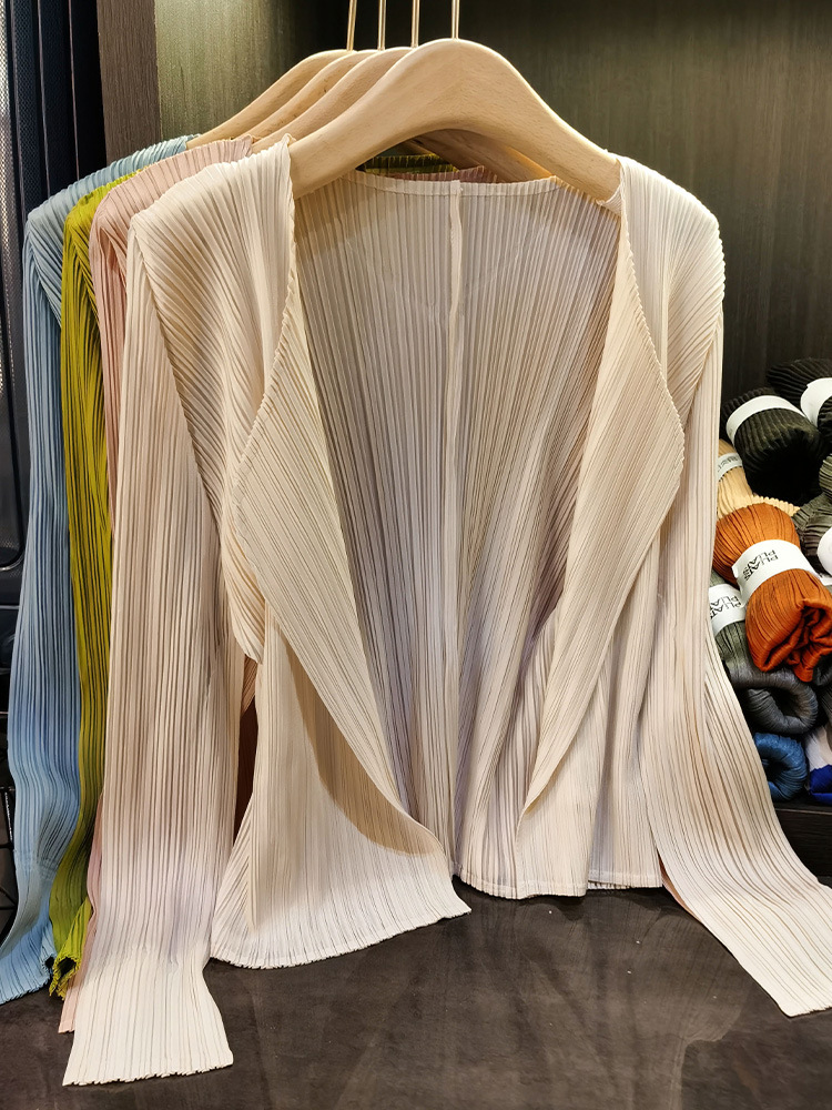 Áo cardigan nữ tay dài xếp ly không cài khuy, phong cách đơn giản cao cấp mùa xuân hè — Màu xanh lam nhạt, Màu đen, Xanh Lông Công, Màu hồng