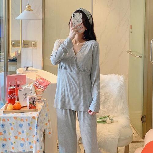 Three-piece postpartum clothing set without bra, spring, autumn and summer thin postpartum home clothes, maternity and maternity pajamas, women's single-piece pajamas hot