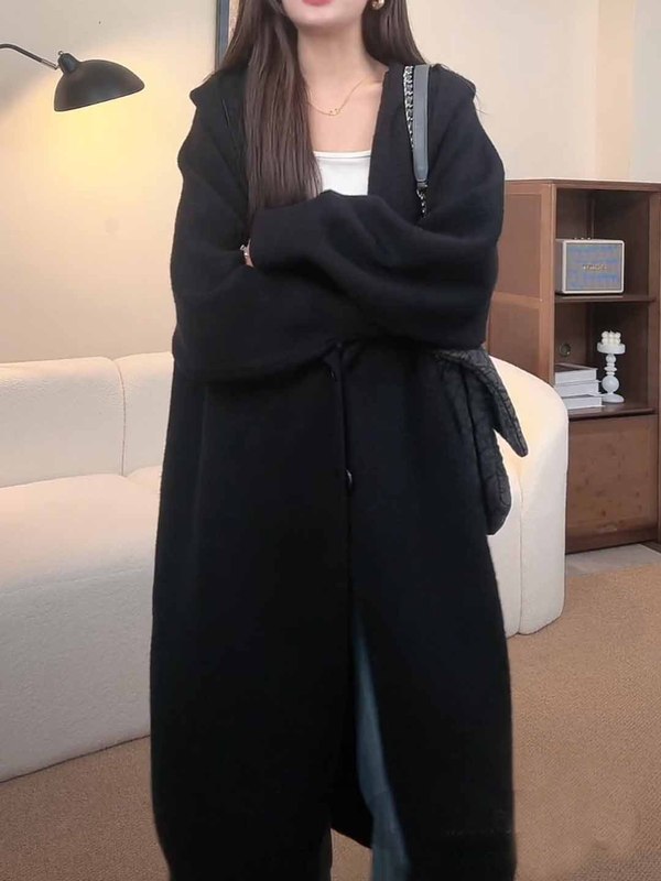直播2025秋冬新款韩系针织开衫女慵懒风连帽中长款宽松显瘦毛衣外|undefined