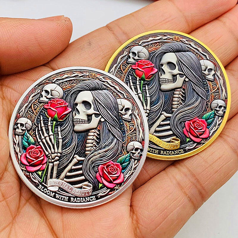 Rose Beauty Girl Skull Alloy Gold Plated Color Printing Commemorative Medallion Decoration Ornaments Love Coin Gift Coin
