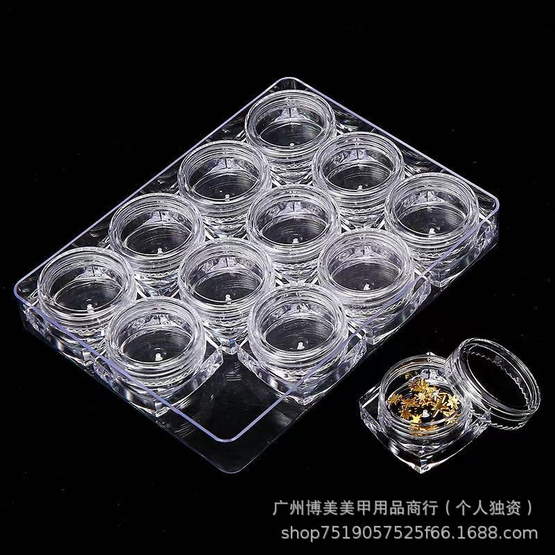 Nail art 12 square set box 2.5g/small round bottle nail art dried flower empty box/glitter sequins bottle set box tool