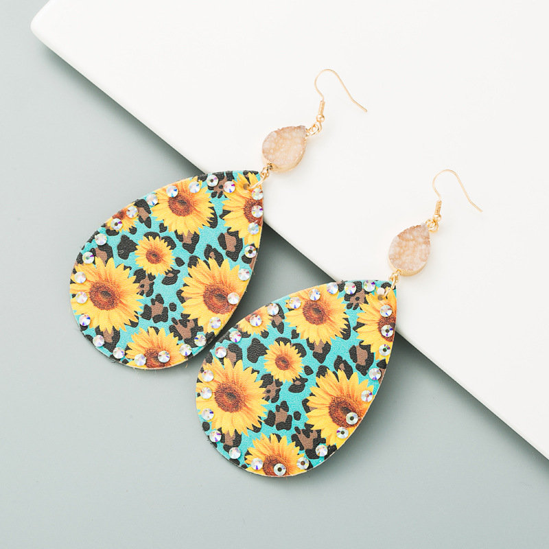 Bohemian style bright leather sunflower earrings