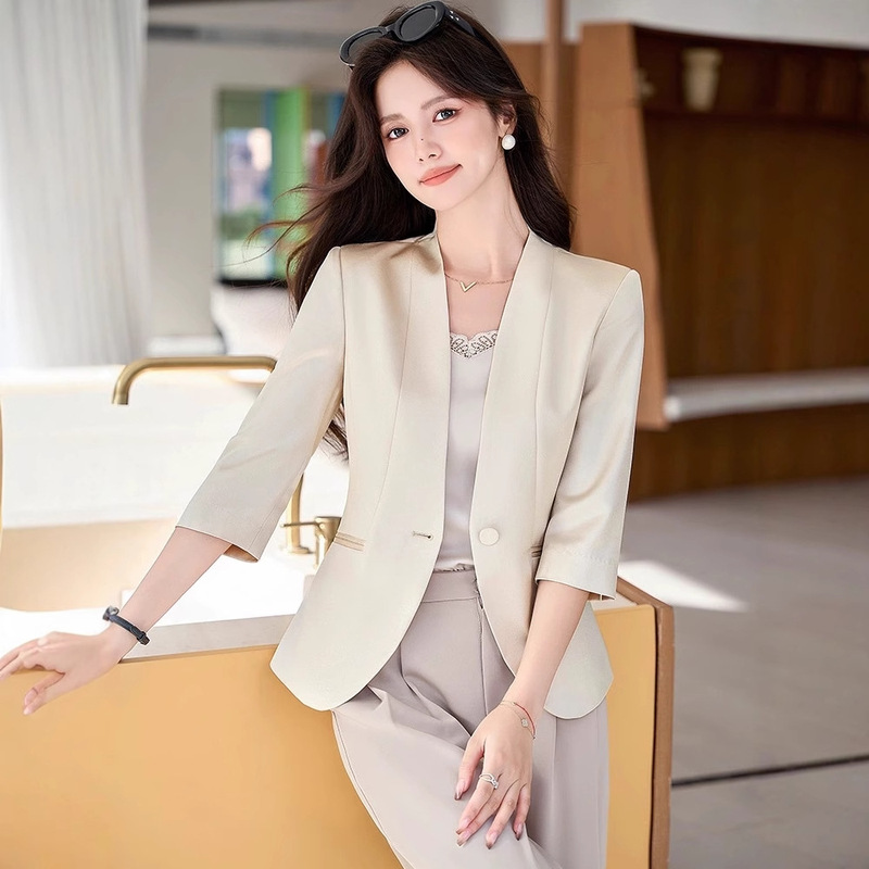 Acetic Acid Satin Suit Jacket Women's Thin 2025 Summer New Style Small Men's Seven-Sleeve Champagne Collarless High-end Suit