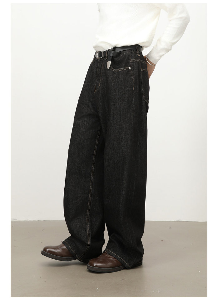 Quần jeans nam dáng rộng ống thẳng màu bò đen nguyên bản, túi thêu họa tiết, lưng giữa — Bò đen sống chi tiết 11
