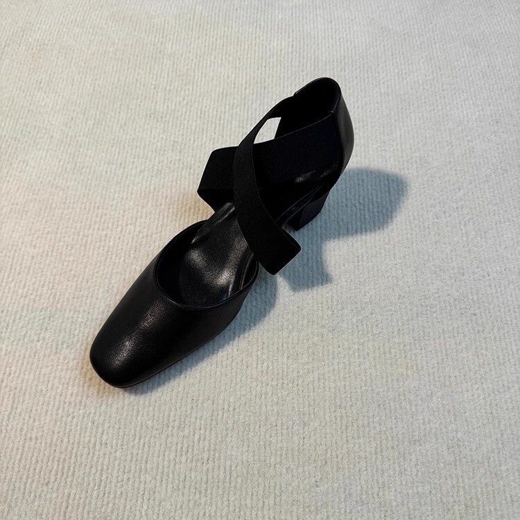 Large Size Retro Versatile Ballet High Heels Women's Thick Heel Cross Strap Hollow Casual Toe Sandals