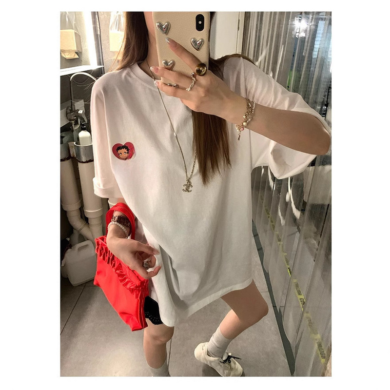 axb Betty's new two-color printed short sleeve fashionable long sleeve versatile slim black and white T-shirt