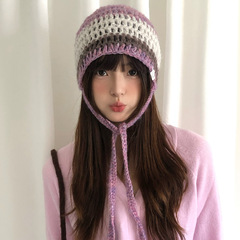 含羊毛韩系氛围感紫色条纹包头帽子女春秋甜美显脸小针织套头冷帽